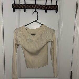 Cream Ribbed V-Neck Sweater